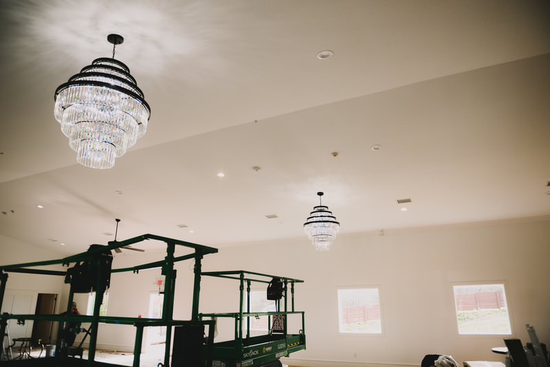 Denton Texas venue, indoor chandeliers modern and classic beautiful style