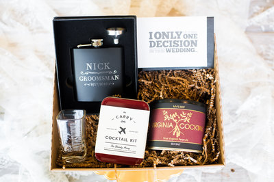 groomsmen gift ideas, box filled with gifts for wedding party