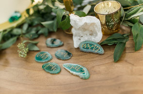 gemstone details, inspiration for seat cards, emerald with gold font, handwritten