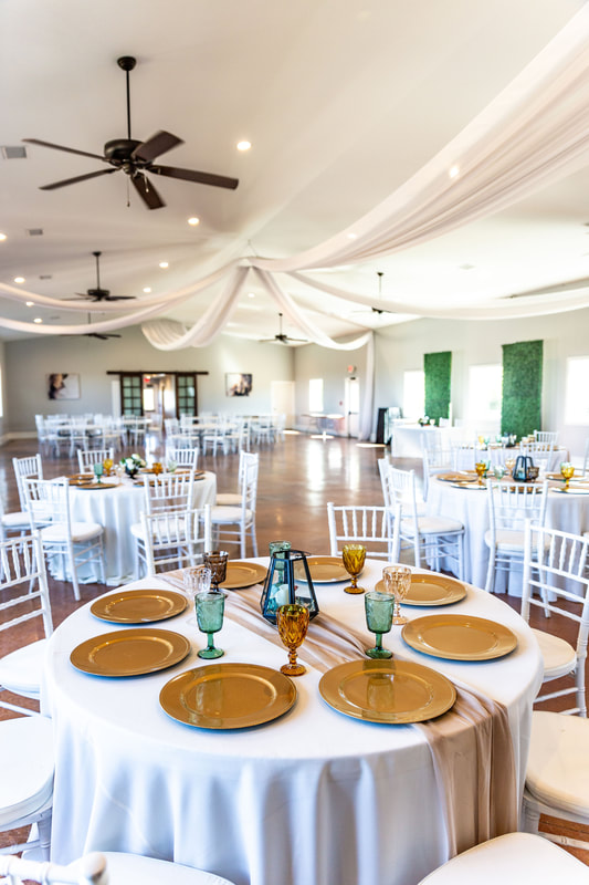 Indoor timeless event venue near denton texas, white walls, greenery and beautiful outdoor area. Not a barn