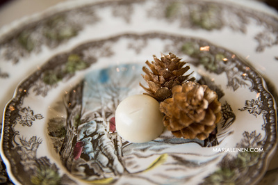 winter wedding decor, rentals, inspiration with pinecone and china