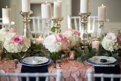 romantic wedding inspiration, blush and navy, china, candles