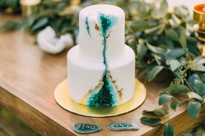 two tier wedding cake, geode cake, garden wedding outdoors