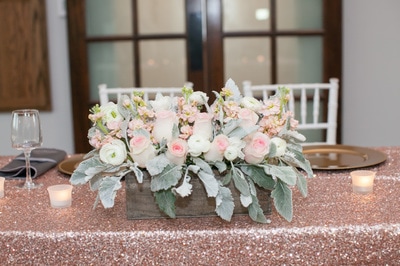 sweetheart table inspiration, floral decor, sequin tablecloth